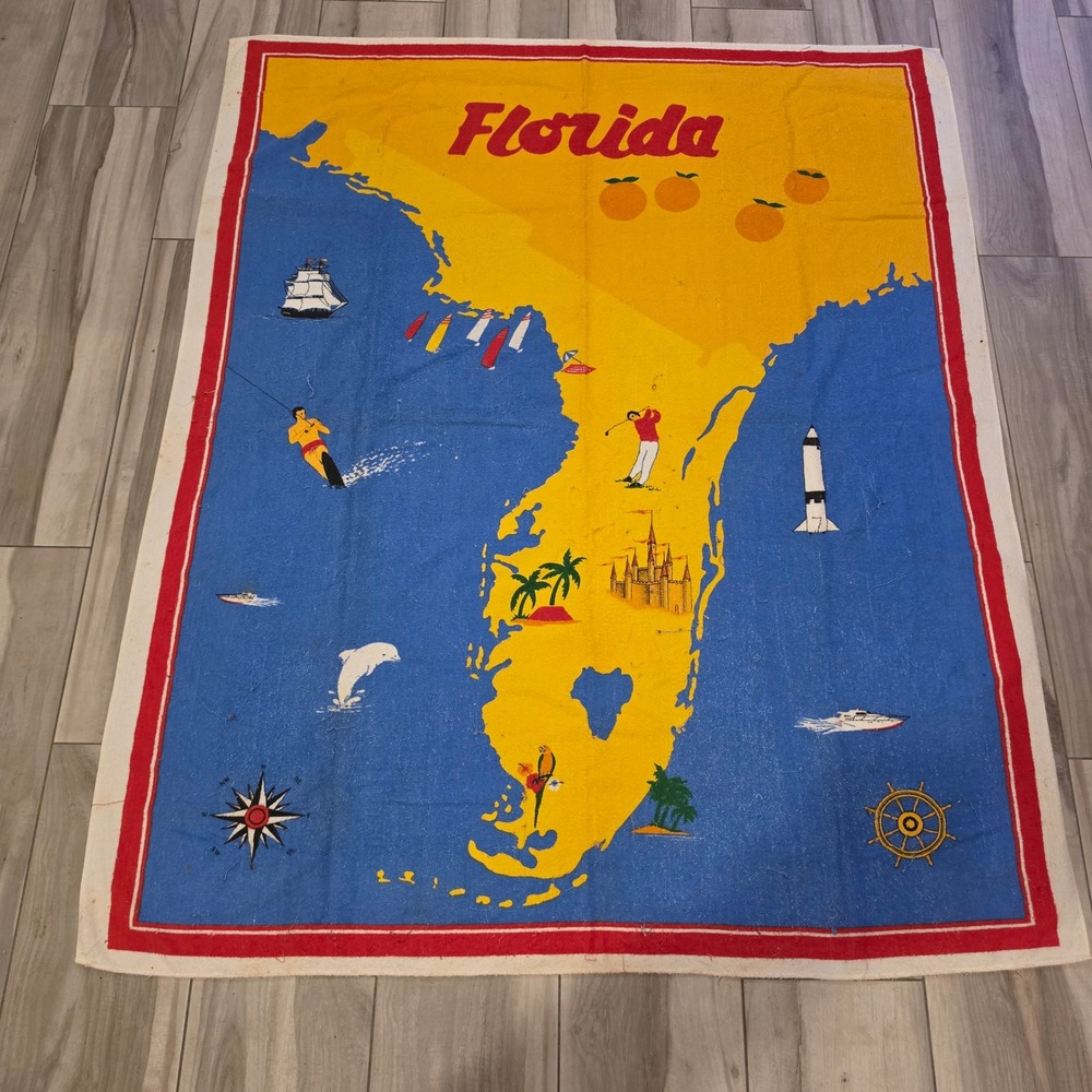 Vintage Kel-Tex Karsten Florida Souvenir Beach Towel Map Graphic Cotton Brazil